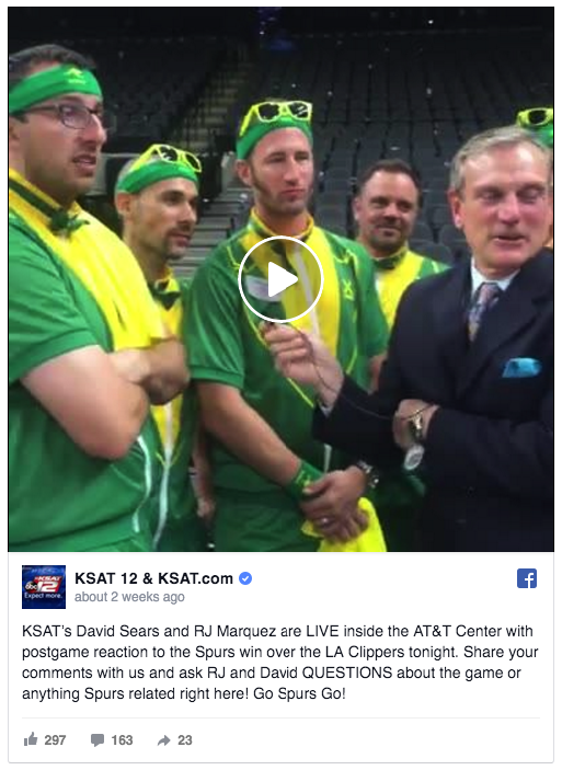 KSAT-TV's sports team goes live on Facebook after San Antonio Spurs home games to talk about the game and with fans.